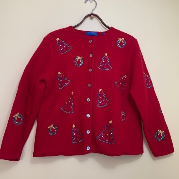 Karen Scott Sport Red Christmas Wool Thick Knit Embroidered Sequin Cardigan M/L - Picture 4 of 16